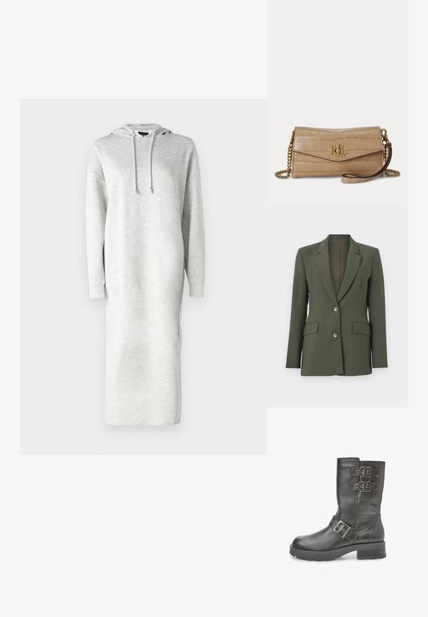Dunkelgrünes Blazer mit taillierter Passform, einreihigem Design, zwei frontalen Taschen und zwei Knöpfen. Glattes Material und mit Revers.; Hoodie-Kleid mit langen Ärmeln aus leicht grauem Sweatstoff, das einen lockeren Schnitt, seitliche Schlitze und eine Anpassungsschnur an der Kapuze aufweist.; Schwarze Leder-Kniehohe Stiefel mit zwei Metallbuckle-Akzenten und einer dicken, strukturierten Sohle. Sie verfügen über eine glatte Oberfläche und ein robustes Design.; Beige Clutch aus Leder mit Krokodilprägung, goldenem RL-Logo und Kettenriemen, ausgestattet mit einer Handgelenkschlaufe auf einfarbigem Hintergrund.