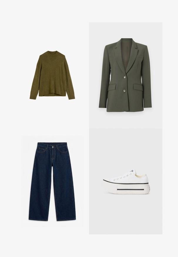 Donkergroene blazer met een getailleerde pasvorm, enkelvoudige knoopsluiting, twee voorzakken en twee knopen. Glad materiaal en geknipte revers.; Olijfgroen gebreid truitje met een geribbelde ronde hals, afhangende schouders en een losse pasvorm. De zoom is aan de achterkant iets langer.; Donkerblauwe wijde denim jeans met knoopsluiting aan de voorkant en rits, lussen voor een riem en vijf zakken, plat gelegd op een witte achtergrond.; Witte canvas platform sneakers met zwarte rubberen zool, ronde neuskap en metalen oogjes, met een eenvoudig, strak ontwerp.