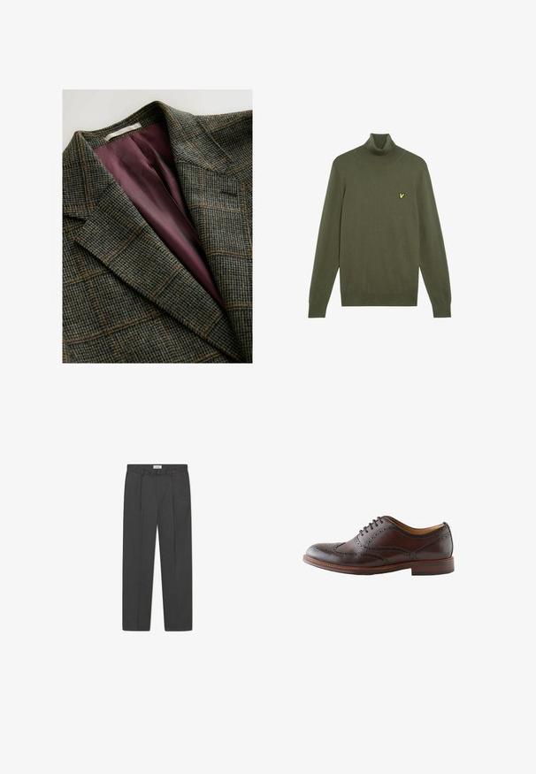 Grüner und brauner kariert Blazer mit breiten Revers und lila Satin-Innenfutter.; Olivgrüner Rollkragenpullover aus weichem Strickstoff. Mit langen Ärmeln und einem kleinen gelben Logo auf der linken Brust. Klassische Passform.; Graue maßgeschneiderte Hose mit dezentem Karomuster, strukturiertem Gewebe und vorderen Falten, ausgestattet mit einem Bund mit Gürtelschlaufen.; Dunkelbrauner Leder-Wingtip-Brogue-Schuh mit Lochverzierungen und Schnürsenkeln, von der Außenseite auf weißem Hintergrund gezeigt.