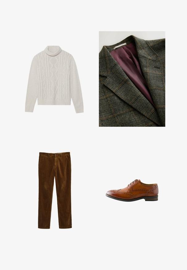 Grøn- og brunternet blazer med brede klapærmer og indvendig foring i lilla satin.; Cremefarvet kabelstrikket sweater med høj ribkant, prydet med et struktureret mønster samt ribbede manchetter og kant. Blødt uldblend materiale.; Brune corduroy bukser med et lige ben-design, der har en frontlukning med knap og to sidelommer. Tekstiler med ribbet mønster.; Brun læder herres brogue fest sko med vingetip perforering og sorte snørebånd, vist fra ydersiden.
