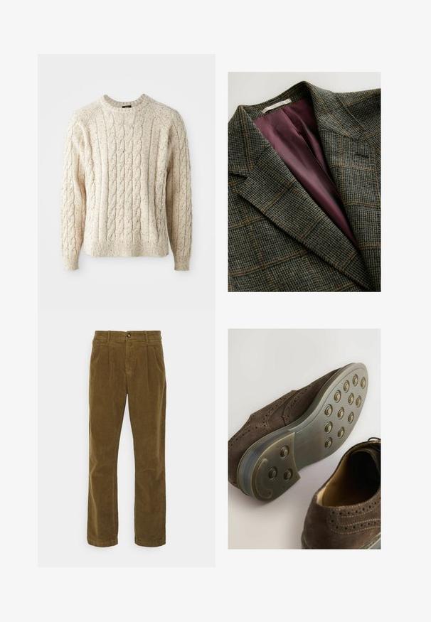 Blazer a cuadros en tonos verdes y marrones, con solapas anchas y forro interior de satén púrpura.; Suéter de punto trenzado color crema con cuello redondo, patrón texturizado y puños y dobladillo acanalados. Hecho de hilo suave y grueso.; Lindbergh WIDE FIT PANTS - Pantalones - sand; Zapato oxford de ante marrón con punta redondeada, diseño perforado y suela de goma con patrones de tracción circulares.
