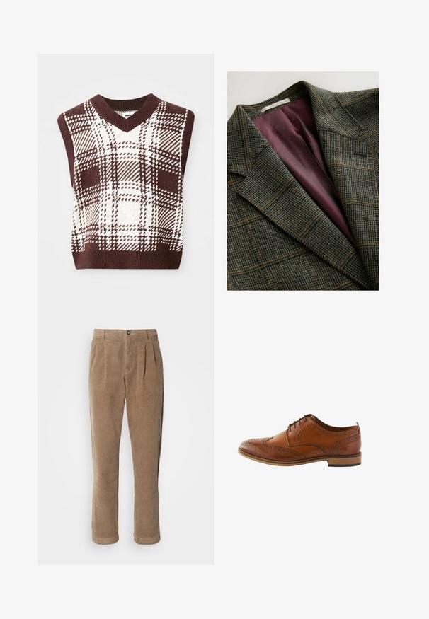 Grüner und brauner kariert Blazer mit breiten Revers und lila Satin-Innenfutter.; Braun-beige karierter, gestrickter ärmelloser Pullover mit V-Ausschnitt und geripptem Saum, der verschiedene Schottenmuster und Texturen aufweist.; Braune Cordhosen mit einem hochgeschnittenen Design, featuring vorderen Falten, einem Knopfverschluss und geraden Beinen. Das strukturierte Material ist sichtbar.; Braunes Lederbrogueschuh mit detaillierten Perforationen, runder Spitze, Schnürdesign und einer mitteldunklen Holzsohle.