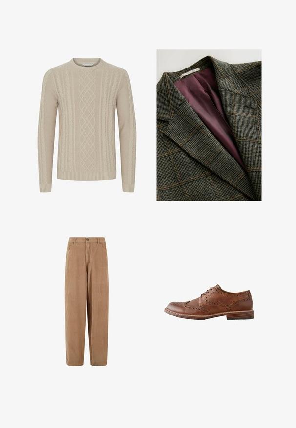 Grøn- og brunternet blazer med brede klapærmer og indvendig foring i lilla satin.; Beige strikket sweater med et tekstureret kabelmønster og ribbede manchetter og kant. Klassisk rund halsudskæring med lange ærmer.; Kamelsnore bukser i lys brun med lige ben-design, med knaplukning og sidelommer, struktureret ribbet overflade.; Brun læder herre wingtip oxford sko med brogue-detaljer og stablet træsål, vist i sideprofil på hvid baggrund.