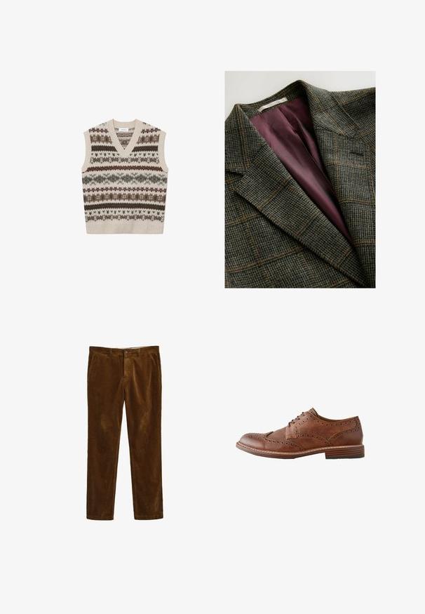 Groene en bruine geruite blazer met brede revers en paars satijnen voering.; Les Deux HORDUR FAIR ISLE - Trui - sand; Bruine ribfluwelen broek met een rechte pijpdesign, voorzien van een voorste knoopsluiting en twee zijzakken. Gestructureerde stof met een geribbeld patroon.; Bruine leren heren wingtip oxford schoen met brogue details en gestapelde houten hak, zijaanzicht op witte achtergrond.