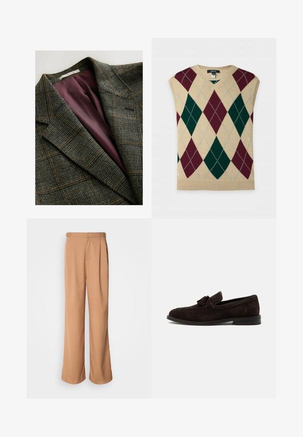 Blazer a cuadros en tonos verdes y marrones, con solapas anchas y forro interior de satén púrpura.; Polo Ralph Lauren BIG FIT PERFORMANCE ARGYLE SWEATER VEST - Top - multi-coloured; Pantalones acampanados recortados, hechos de una tela suave y beige, con pliegues frontales y detalles metálicos en la cintura.; Mocasín de hombre de ante marrón oscuro con borlas, detalles cosidos y tacón bajo, mostrado de perfil sobre un fondo liso.