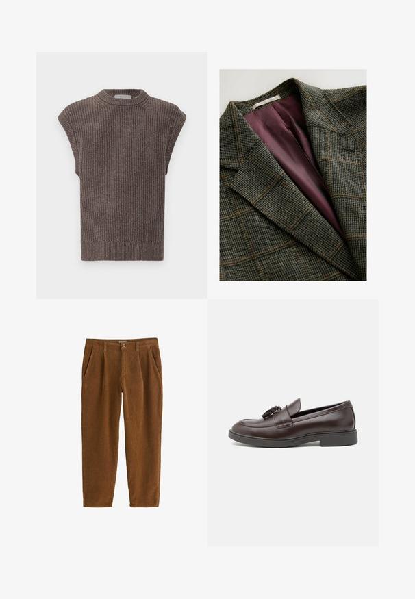 Grøn- og brunternet blazer med brede klapærmer og indvendig foring i lilla satin.; Brun strikket ærmeløs top med ribbet tekstur, høj krave og sideslidser. Har en tætsiddende kant og blødt stof.; Brune fløjlbukser med lige snit, der har frontfolder, skrå lommer og en enkelt knaplukning i taljen.; Brune læder loafers med rund tå, en dekorativ kvast, syede detaljer og en lav gummisål for ekstra komfort.