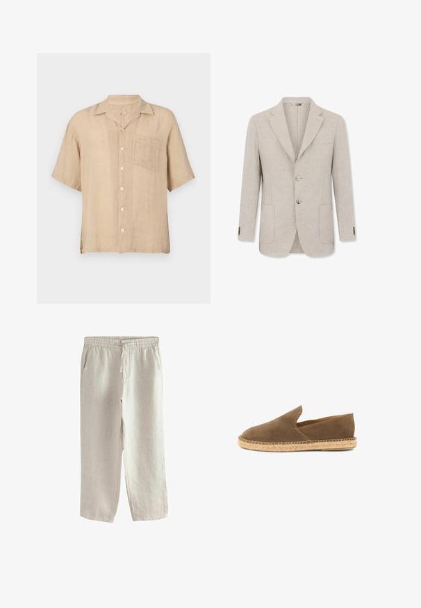 Beige herenblazer met twee knopen, gekartelde revers, twee voorzakken en een borstzak, weergegeven op een witte achtergrond.; Korte mouw beige linnen shirt met een notch-kraag, voorzak en witte knopen. Geweven stof, ontspannen pasvorm en rechte zoom.; Lichtbeige linnen broek met elastische tailleband, aantrekkoord, zijzakken en rechte pijpen.; Bruine suède instap-espadrille met gevlochten juten zool en laag uitgesneden zijkanten, ontworpen voor casual gebruik.