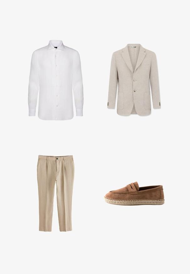 Beiger Herrenblazer mit zwei Knöpfen, fallendem Revers, zwei Fronttaschen und einer Brusttasche, abgebildet vor weißem Hintergrund.; Weißes langärmliges Button-Down-Shirt aus leichtem Stoff, das einen klassischen Kragen, eine subtile Textur und sechs Knöpfe auf der Vorderseite aufweist.; Beige gerade geschnittene Hose mit Knopf- und Reißverschluss, Gürtelschlaufen und Vordertaschen, aus leichtem Stoff.; Brauner Wildleder-Loafer mit geflochtener Seilsohle und einem Riemendetail oben, seitlich auf weißem Hintergrund gezeigt.