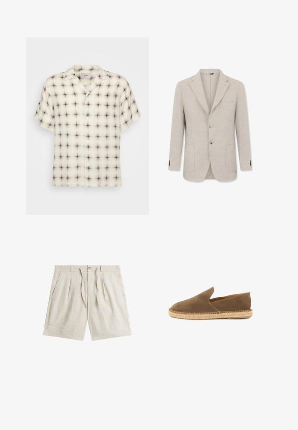 Blazer beige pour homme avec deux boutons, revers crantés, deux poches devant et une poche poitrine, présenté sur fond blanc.; Chemise à manches courtes à boutonner de couleur crème claire avec un motif écossais noir et gris, équipée d'un col campagnard et d'une poche poitrine unique.; Short en lin beige avec fermeture par bouton et cordon, plis devant, poches latérales et passants de ceinture.; Espadrille marron en daim à enfiler avec semelle en jute tressée et côtés bas, conçue pour un usage décontracté.