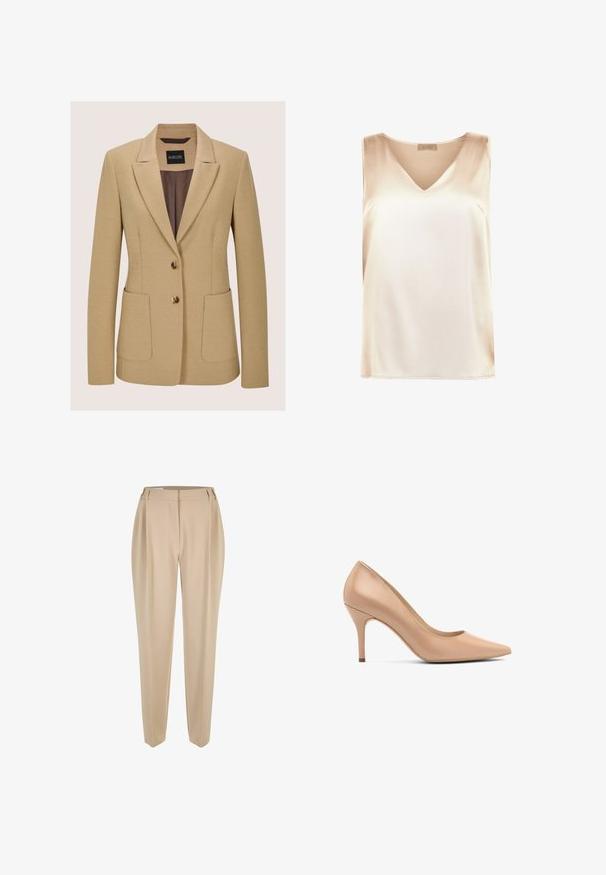 Beige blazer met een gestructureerd ontwerp, met revers met inkeping, twee zakken aan de voorkant en twee gouden knopen, gemaakt van een getextureerde stof.; Beige mouwloos topje gemaakt van gladde stof met een v-hals ontwerp en een rechte zoom. Minimalistische stijl zonder extra patronen of accenten.; Beige op maat gemaakte rechte broek met riemlussen, voorrits en zijzakken, gepresenteerd op een witte achtergrond.; Beige hoge hakken met een spitse neus, van soepel leer en met een slanke hak. Eenvoudig ontwerp zonder zichtbare patronen of accenten.