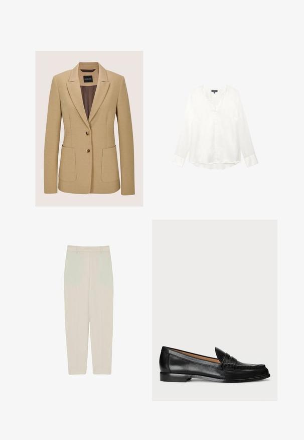 Beige blazer met een gestructureerd ontwerp, met revers met inkeping, twee zakken aan de voorkant en twee gouden knopen, gemaakt van een getextureerde stof.; Witte satijnen blouse met een V-hals, lange mouwen en een geknoopte voorkant. Heeft een gladde textuur en een licht gebogen zoom.; Beige rechte broek met een gladde textuur, met een hoge taille, voorplooien en strakke lijnen voor een gekleed figuur.; Lauren Ralph Lauren WYNNIE - Instappers - black