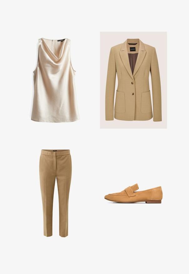Blazer beige avec un design structuré, revers crantés, deux poches avant et deux boutons dorés, fabriqué dans un tissu texturé.; Haut sans manches à col drapé en beige clair, en tissu texturé avec un subtil éclat. Présente une fermeture éclair au dos et une coupe ample.; Pantalon beige ajusté et slim, avec une ceinture et un pli devant, conçu pour un usage formel ou professionnel.; Mocassins en cuir suédé tan avec un talon plat, un bout arrondi et une sangle cousue sur le devant pour une finition raffinée.
