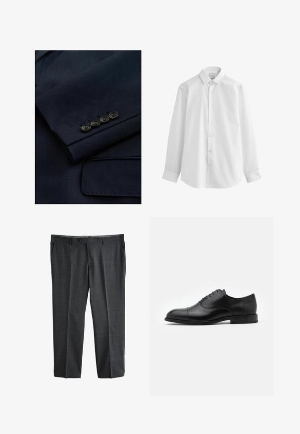 Rukáv námorníckeho saka so vzorovaným podšitím, štyrmi čiernymi gombíkmi na manžete a klasickým výrezom na klopách.; Next EASY CARE SLIM FIT SINGLE CUFF - Košeľa - white; Tmavosivé formálne nohavice s predným zapínaním na gombík a zips, pútkami na opasok a bočnými vreckami, zobrazené na bielom pozadí.; Čierne kožené šaty s guľatou špičkou, šnurovací dizajn a jemné švy. Obsahuje nízky podpätok a hladkú textúru.