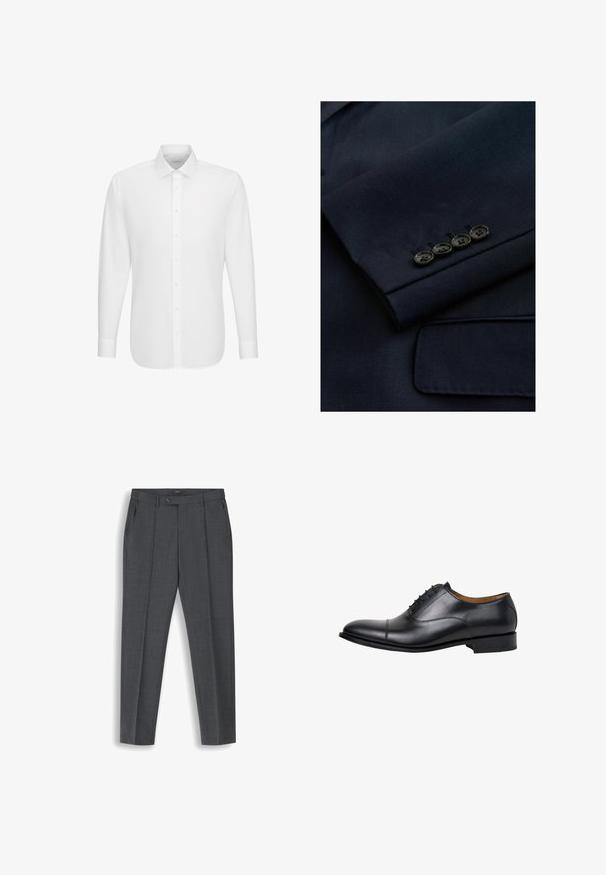 Ärmel eines Marineblazers mit strukturierter Innenfutter, vier schwarzen Knöpfen am Ärmelabschluss und einem klassischen Kerbkragen.; Weißes langärmeliges Hemd mit durchgehender Knopfleiste und klassischem Kragen, auf einem schlichten weißen Hintergrund dargestellt.; Dunkelgraue maßgeschneiderte Herrenhose mit vorderen Bundfalten, Gürtelschlaufen, seitlichen Taschen und einem Knopfverschluss am Bund.; Schwarzer Herrn Oxford Lederschuh mit geschlossener Schnürung, Kappzehe und niedrigem Absatz, seitlich auf weißem Hintergrund abgebildet.
