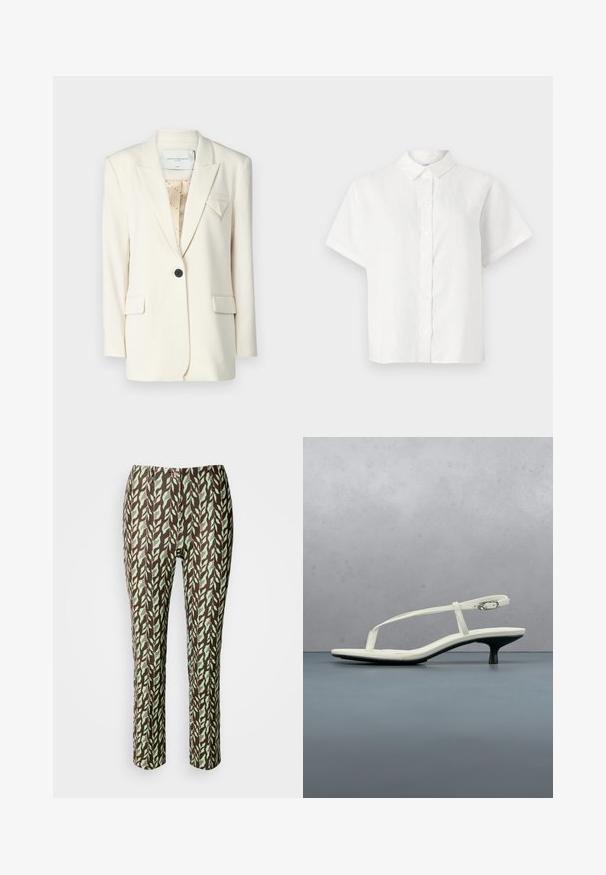 Blazer de marfil con un diseño estructurado, que presenta un botón negro único, solapas de muesca y dos bolsillos frontales. Sutil acento geométrico en el pecho.; Camisa blanca de manga corta hecha de lino, con cuello puntiagudo y cierre de botones. Presenta un corte relajado y una textura suave.; Pantalones de color marrón y verde con un diseño de hojas, de corte ajustado, con una textura suave y sin cremalleras ni bolsillos visibles.; Sandalia blanca de tacón kitten con tiras y punta afilada, flotando sobre un suelo de baldosas de madera al aire libre, con un fondo desenfocado de plantas y pared.