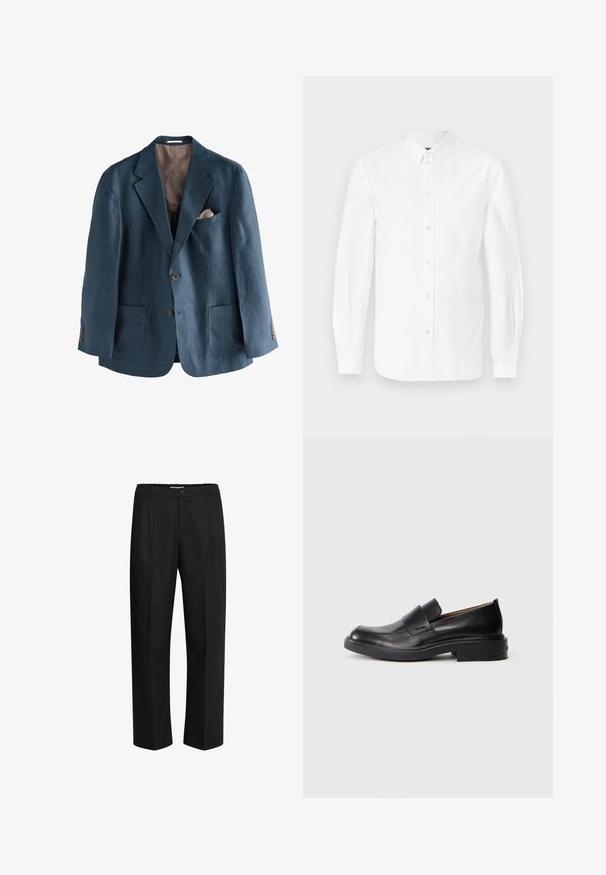 Blazer bleu en lin avec un col à revers cranté, deux poches avant et une poche poitrine. Boutons marron et doublure intérieure beige contrastante.; Chemise blanche à manches longues en coton, dotée d'un col boutonné et de boutons sur le devant. Texture lisse avec une coupe classique et sans motifs.; Pantalons noirs en tissu avec une texture lisse, présentant un design à jambe droite, des plis à l'avant et une ceinture élastique.; Chaussure habillée noire en cuir, à enfiler, avec un petit talon et un logo Calvin Klein discret sur le côté, présentée de profil sur un fond blanc.