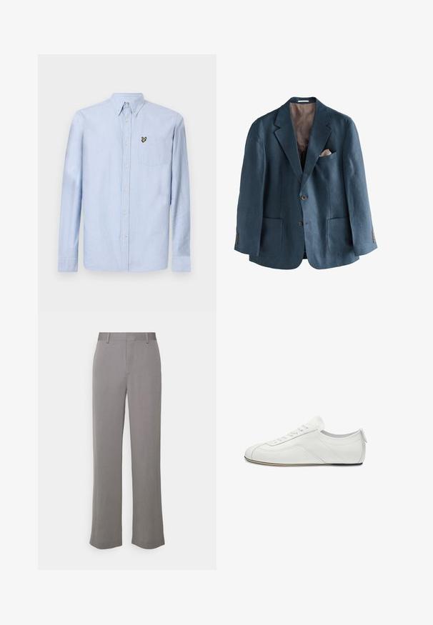 Blauw linnen colbert met een reverskraag met inkeping, twee voorzakken en een borstzak. Bruine knopen en een contrasterende beige voering aan de binnenkant.; Lichtblauwe langetermijnoverhemd met button-down kraag, borstzak en geborduurd logo. Gemaakt van textuurkatoenen stof.; Tiger of Sweden TREY - Broek - grey shadow; Witte lage leren sneaker met vetersluiting aan de voorkant, subtiele stiksel details en een platte, dunne zool, zijaanzicht.