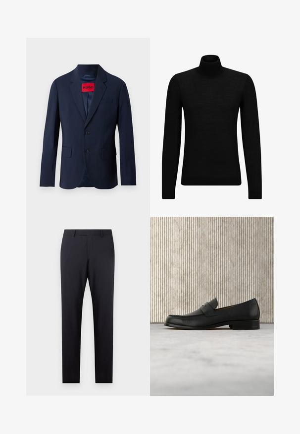Tumesinine bleiser kahe nupuga, nurgapeadega, ees taskud ja punane brändi silt sees. Sile kangas ja kohandatud lõige.; Musthave muströid ja pehmest materjalist must turtleneck, millel on pikad varrukad ja tihe istuvus. Ribaga ääris allservas ja vöökohal. Lihtne disain.; Tumedane sinised kohandatud püksid, millel on lame eesmine osa, kitsas lõige, küljetaskud ja sile tekstuur; nähtavaid mustreid või kaunistusi ei ole.; Mustast nahast mokassiinikujuline king hõljub beežika vaiba kohal, taga on läikiv pruun ümar laud.