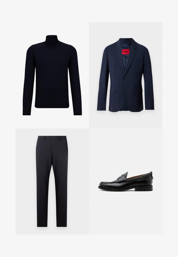 Marineblauwe blazer met twee knopen, notch revers, voorzakken en een rood merklabel aan de binnenkant. Gladde stof met een getailleerde pasvorm.; Diep marineblauwe coltrui gemaakt van fijn breiwerk, met lange mouwen en een aansluitende, hoge halslijn. Geen zichtbare patronen of accenten.; Donkerblauwe op maat gemaakte broek met een vlakke front, slim fit, zijzakken en een gladde textuur; geen zichtbare patronen of versieringen.; Zwarte leren herensloffen met moc toe stiksel, pennyriem, gestructureerde kraag en lage gestapelde hak op witte achtergrond.