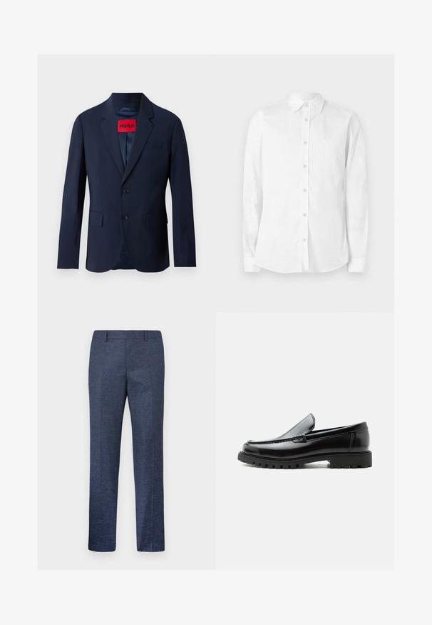 Marineblauer Blazer mit zwei Knöpfen, Reverskragen, Fronttaschen und rotem Markenetikett im Inneren. Glattes Gewebe mit taillierter Passform.; Weißes, langärmliges Hemd aus Baumwolle mit Knöpfen. Verfügt über einen spitzen Kragen und ein kleines, gesticktes Logo auf der Brust. Glatte Textur.; Herren gerade geschnittene marineblaue Anzughose mit Gürtelschlaufen, Bügelfalte vorne und einem dezenten strukturierten Stoffmuster.; Schwarzer Lederloafer mit grober Gummisohle, genähter Oberseite und geprägtem Markennamen an der Ferse, seitlich auf weißem Hintergrund gezeigt.