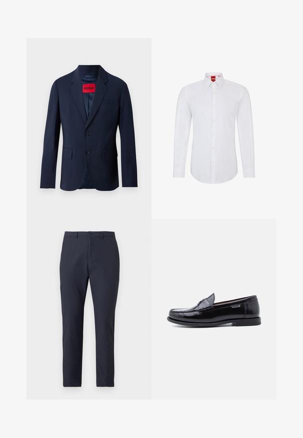 Marineblauer Blazer mit zwei Knöpfen, Reverskragen, Fronttaschen und rotem Markenetikett im Inneren. Glattes Gewebe mit taillierter Passform.; Weißes Langarmhemd mit Kragen, ausgestattet mit einer durchgehenden Knopfleiste und weichem, glattem Stoff. Keine Muster oder Akzente sichtbar.; Dunkelblaue, leichte Hose mit einem schlanken Design, ausgestattet mit einem Knopfverschluss, Gürtelschlaufen und einer glatten Textur. Taillierte Passform.; Schwarze Leder-Loafer mit glänzendem Finish, mit einer gesteppten Verzierung auf der Zehenpartie und einer niedrigen, strukturierten schwarzen Gummisohle.