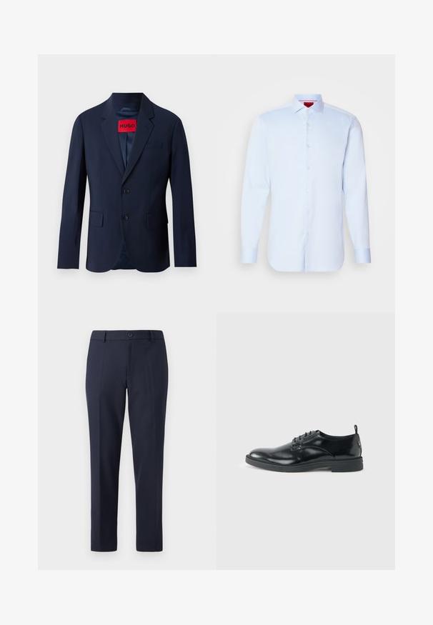 Blazer azul marino con dos botones, solapas de muesca, bolsillos delanteros y etiqueta de marca roja en el interior. Tejido suave con un ajuste entallado.; Camisa de botones de manga larga en azul claro con cuello extendido, dobladillo redondeado y botones blancos. Tejido suave con un brillo sutil.; Pantalones de marina hechos de una tela suave, con un corte recto, presillas para cinturón y un cierre de botón único en la cintura.; Zapato de vestir negro de cuero brillante con tacón bajo, cierre de cordones y puntera redonda, mostrado de lado sobre un fondo claro y liso.
