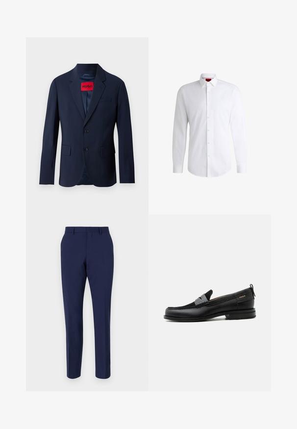 Blazer bleu marine avec deux boutons, revers en pointe, poches avant et étiquette de marque rouge à l'intérieur. Tissu lisse avec une coupe ajustée.; Chemise blanche à manches longues en tissu lisse avec un col classique et un ourlet arrondi. Présente des boutons beiges à l'avant.; Pantalons ajustés bleu marine en tissu lisse, dotés d'une coupe slim, d'un devant plat et d'une taille standard avec passants de ceinture.; Mocassin en cuir noir avec détail de bride grise, talon bas et semelle texturée, marqué "HUGO" en or sur le côté.