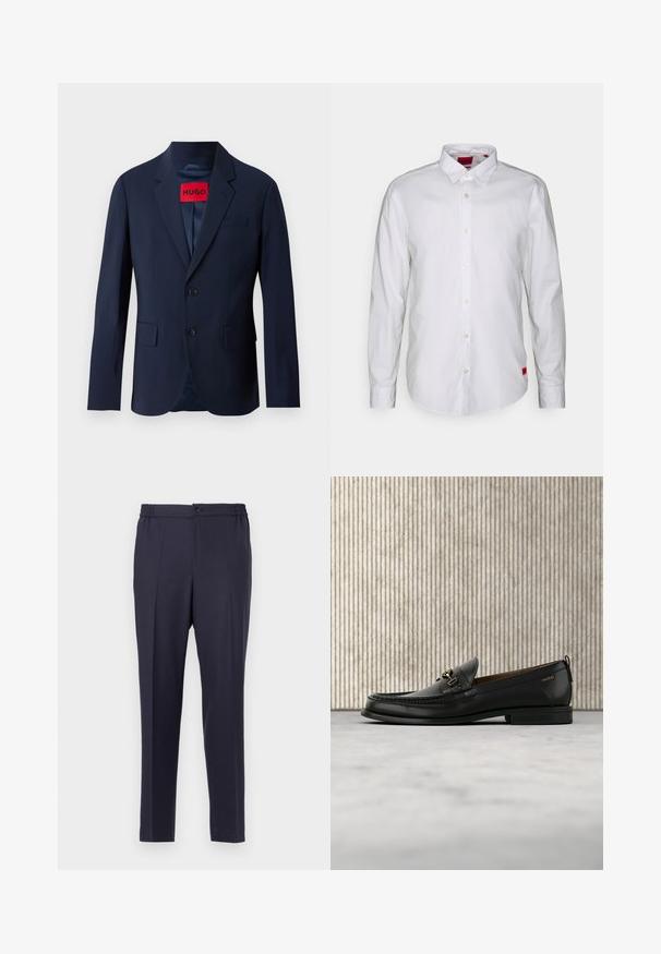 Blazer bleu marine avec deux boutons, revers en pointe, poches avant et étiquette de marque rouge à l'intérieur. Tissu lisse avec une coupe ajustée.; Chemise blanche à manches longues avec un col boutonné, fabriquée en tissu léger. Présente une étiquette de marque discrète en rouge sur le bas.; Pantalon bleu marine à devant plat, taille élastique et fermeture à bouton. Coupe droite et texture lisse, adapté pour une tenue formelle ou décontractée.; Mocassin en cuir noir avec mors en métal doré et logo "HUGO", présenté sur un tapis beige et un meuble translucide marron.