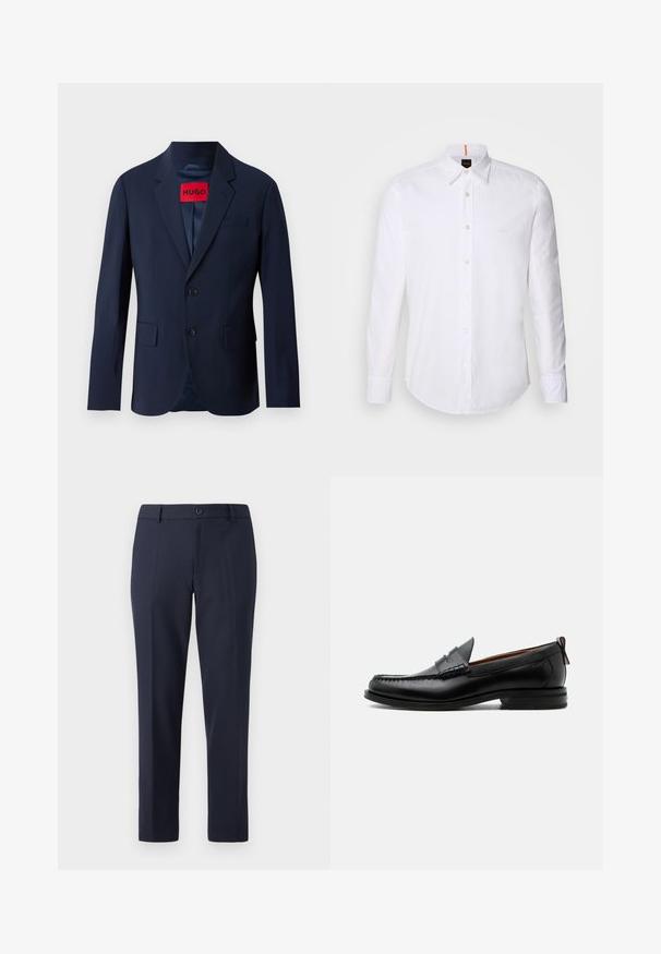 Marineblauwe blazer met twee knopen, notch revers, voorzakken en een rood merklabel aan de binnenkant. Gladde stof met een getailleerde pasvorm.; Witte langwerpige overhemd met lange mouwen van katoen, met een klassieke kraag, een subtiel logo dicht bij de borst en witte knopen.; Marineblauwe broek van gladde stof, met een rechte snit, riemlussen en een enkele knoopsluiting in de taille.; Zwarte leren herensloffen met moc toe stiksel, pennyriem, gestructureerde kraag en lage gestapelde hak op witte achtergrond.