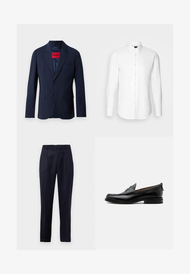 Marineblauwe blazer met twee knopen, notch revers, voorzakken en een rood merklabel aan de binnenkant. Gladde stof met een getailleerde pasvorm.; Witte blouse met lange mouwen, knoopsluiting aan de voorkant, klassieke kraag, gemaakt van gladde stof met een subtiele textuur, ontworpen voor een aansluitende pasvorm.; Marineblauwe op maat gemaakte broek met plooien aan de voorkant, riemlussen en een taps toelopend ontwerp op een witte achtergrond.; Zwarte leren herensloffen met moc toe stiksel, pennyriem, gestructureerde kraag en lage gestapelde hak op witte achtergrond.