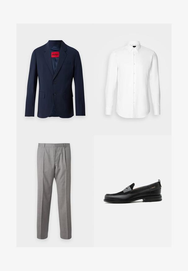 Marineblå blazer med to knapper, notch revers, frontlommer og rød mærke indeni. Glat stof med en skræddersyet pasform.; Hvid skjorte med lange ærmer, knaplukning foran, klassisk krave, lavet af glat stof med en subtil tekstur, designet til et tætsiddende udseende.; Grå, stribede bukser med skræddersyet pasform, der har foranfald, bæltestropper og en glat struktur. Lige ben design, rene manchetter.; Sort læderloafer med grå remdetalje, lav hæl og tekstureret sål, mærket med "HUGO" i guld på siden.