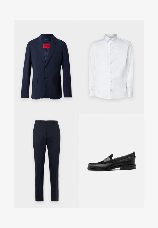 Marineblauer Blazer mit zwei Knöpfen, Reverskragen, Fronttaschen und rotem Markenetikett im Inneren. Glattes Gewebe mit taillierter Passform.; Weißes Langarmhemd aus glattem Stoff, mit klassischem Kragen, Knopfleiste und Manschetten mit Knöpfen, vor einem einfarbigen Hintergrund präsentiert.; Marineblaue, maßgeschneiderte Herrenhosen mit subtilen Karomuster, Gürtelschlaufen und Bügelfalte, frontal auf weißem Hintergrund präsentiert.; Schwarzer Lederloafer mit grauem Riemendetail, niedrigem Absatz und strukturierter Sohle, seitlich mit „HUGO“ in Gold gebrandmarkt.