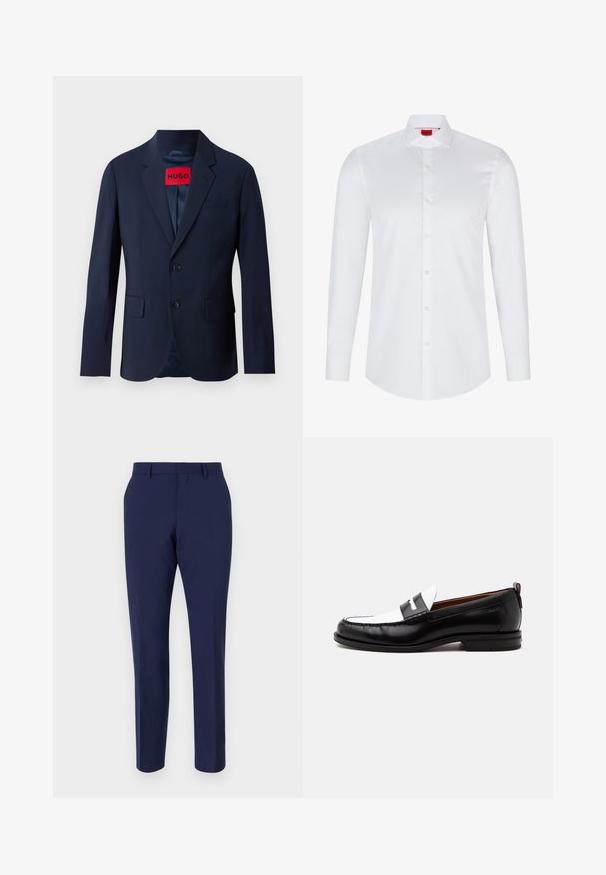 Marineblauwe blazer met twee knopen, notch revers, voorzakken en een rood merklabel aan de binnenkant. Gladde stof met een getailleerde pasvorm.; Witte lange mouwen knoopsluiting shirt gemaakt van soepel katoen. Beschikt over een klassieke kraag, volledige knoopsluiting en afgeronde zoom.; Navyblauwe op maat gemaakte broeken van gladde stof, met een slanke pasvorm, een platte voorkant en een standaard tailleband met riemlussen.; Zwart-witte leren loafer met gestikte details, lage hak en slip-on ontwerp, zijaanzicht op een egale achtergrond.