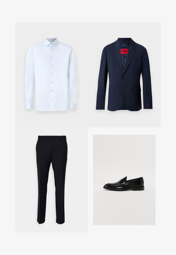 Blazer bleu marine avec deux boutons, revers en pointe, poches avant et étiquette de marque rouge à l'intérieur. Tissu lisse avec une coupe ajustée.; Chemise à manches longues bleu clair avec un col pointu, fermeture à boutons à l'avant et texture lisse. Présente des accents de boutons argentés sur le plastron.; Pantalon noir en tissu tissé, à coupe ajustée, avec un devant plat, des poches latérales et une coupe droite.; Mocassin en cuir noir avec une pointe arrondie, des coutures discrètes et une finition lisse. Doté d'un talon bas empilé et d'une sangle sur le cou-de-pied.