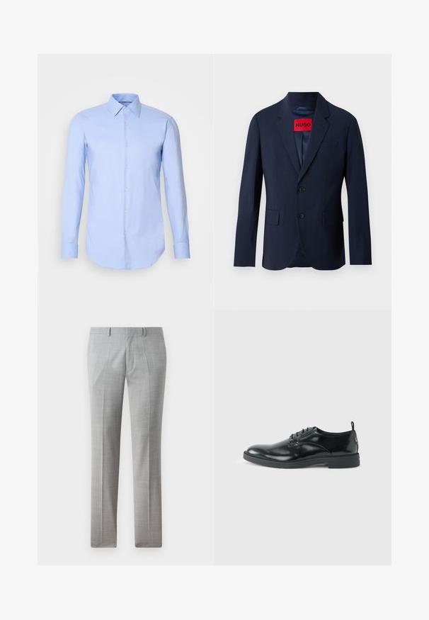 Marineblauwe blazer met twee knopen, notch revers, voorzakken en een rood merklabel aan de binnenkant. Gladde stof met een getailleerde pasvorm.; Lichtblauw shirt met lange mouwen van katoen, met een knoopsluiting aan de voorkant, kraag en afgeronde zoom. Gladde textuur zonder patronen.; Grijze op maat gemaakte broek van een gladde stof, met een fijn gecontroleerd patroon, rechte pijpen en riemlussen. Geen zichtbare zakken.; Glanzende zwarte lederen nette schoen met lage hak, vetersluiting en ronde neus, van opzij getoond tegen een effen lichte achtergrond.