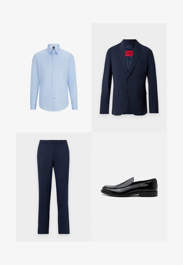 Marineblauwe blazer met twee knopen, notch revers, voorzakken en een rood merklabel aan de binnenkant. Gladde stof met een getailleerde pasvorm.; Lichtblauwe, langslijpende overhemD met klassieke kraag, gemaakt van een soepele stof. Voorzien van witte knopen aan de voorkant en cuffs.; Marineblauwe op maat gemaakte broek met riemlussen, vooraan ritssluiting en rechtlopende pasvorm tegen een effen witte achtergrond.; Zwarte glanzende leren instapschoenen met lage hak en afgeronde neus, zijaanzicht op een witte achtergrond.