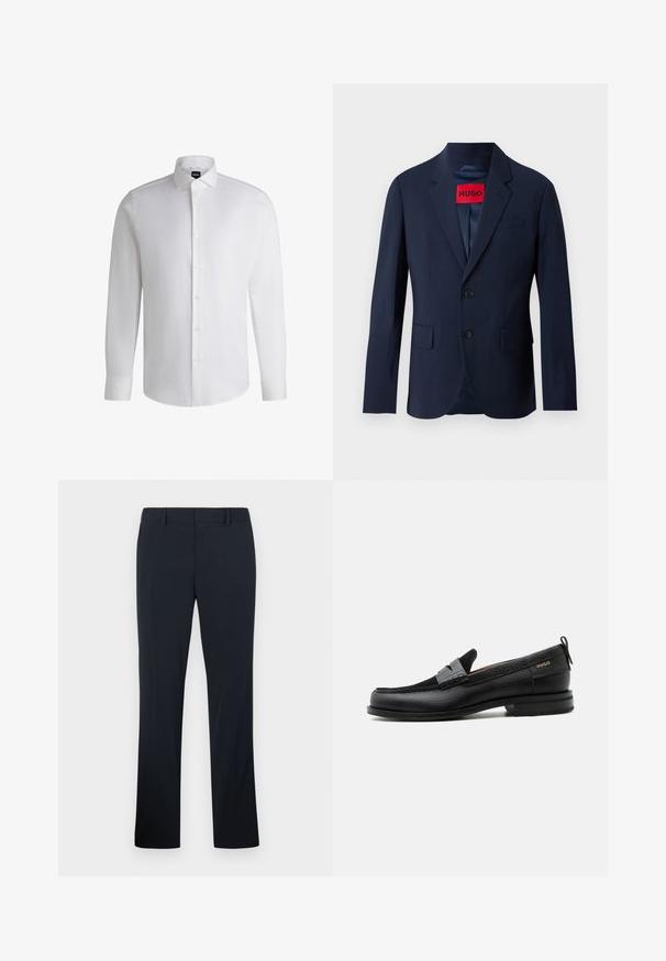 Blazer bleu marine avec deux boutons, revers en pointe, poches avant et étiquette de marque rouge à l'intérieur. Tissu lisse avec une coupe ajustée.; Chemise blanche à manches longues en coton lisse, dotée d'un col classique, d'une patte de boutonnage complète et de poignets à bouton. Design minimaliste.; Pantalon habillé noir à jambes droites pour homme avec passants de ceinture et fermeture éclair à l'avant, présenté sur un fond clair uni.; Mocassin en cuir noir avec détail de bride grise, talon bas et semelle texturée, marqué "HUGO" en or sur le côté.