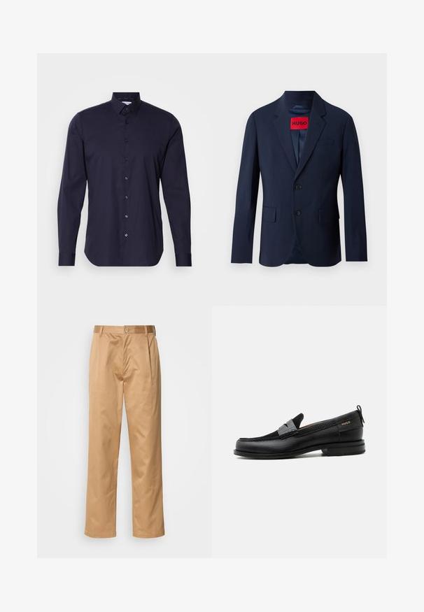 Blazer bleu marine avec deux boutons, revers en pointe, poches avant et étiquette de marque rouge à l'intérieur. Tissu lisse avec une coupe ajustée.; Chemise bleu marine à boutons, à manches longues, avec un col classique et une coupe ajustée. Fabriquée en tissu lisse avec un logo subtil sur la poitrine.; Pantalons khaki, en mélange de coton, coupe droite, plis avant, passants de ceinture et fermeture à bouton. Texture lisse sans motifs.; Mocassin en cuir noir avec détail de bride grise, talon bas et semelle texturée, marqué "HUGO" en or sur le côté.