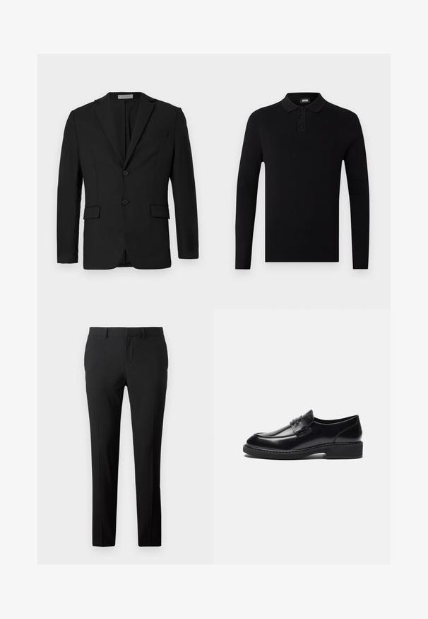 Zwarte blazer van gladde stof, met een twee-knopen front, aangeknipte revers en twee voorzakken met een borstzak.; Zwart poloshirt met lange mouwen van ribbelstof, drie-knoopsluiting en een zachte kraag. Eenvoudig en veelzijdig ontwerp.; Op maat gemaakte zwarte broek van een gladde stof. Heeft een recht model, voorplooien en riemlussen voor verstelbare maat.; Zign by Zalando LEATHER - Zakelijke loafers - black