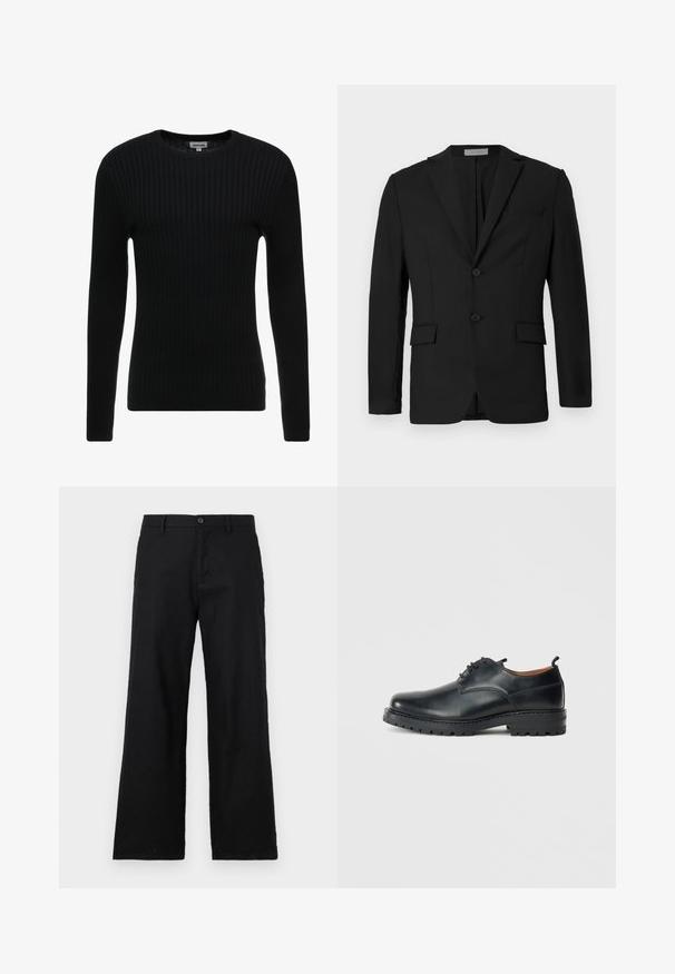 Blazer noir en tissu lisse, avec une fermeture à deux boutons, des revers crantés et deux poches avant avec une poche poitrine.; Pull noir à manches longues en côte avec un col rond ; le tissu texturé présente des lignes verticales ; silhouette ajustée ; sans embellissements ni accents visibles.; Pantalon noir à jambe droite en coton, doté d'une fermeture à bouton et de passants de ceinture. Texture lisse sans motifs ni accents visibles.; Chaussures derby en cuir noir avec une texture lisse, bout rond, design à lacets et une semelle en caoutchouc épaisse et robuste.