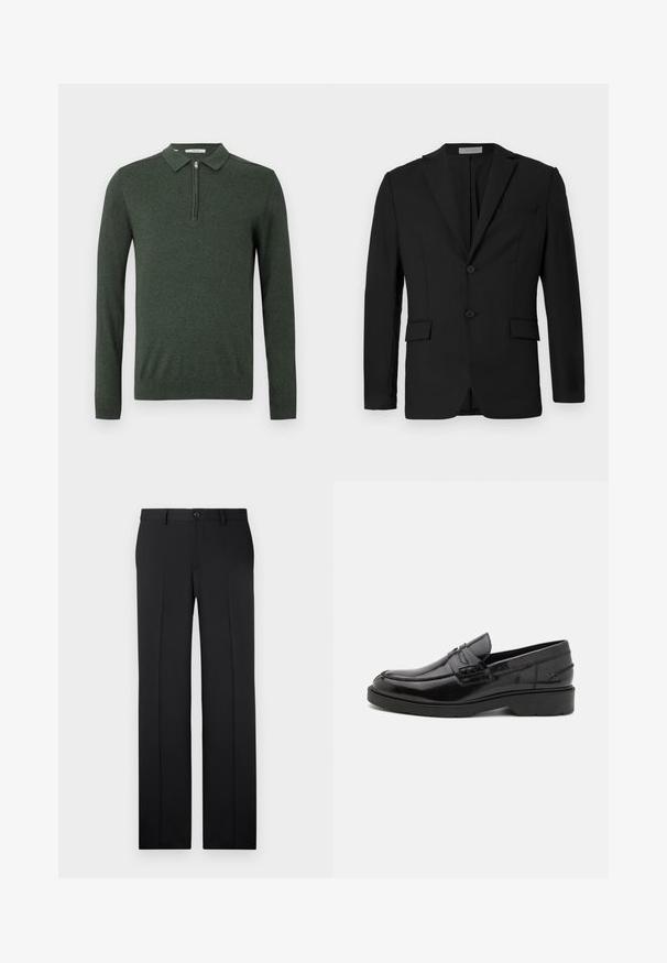 Blazer noir en tissu lisse, avec une fermeture à deux boutons, des revers crantés et deux poches avant avec une poche poitrine.; Sweater polo à manches longues vert foncé, avec une fermeture éclair quart et des poignets et un ourlet côtelés, présenté sur un fond clair et uni.; Pantalons noirs ajustés avec une coupe droite, en tissu lisse, avec des plis avant et une fermeture à bouton unique à la taille.; Mocassins en cuir noir avec une finition lisse, un bout rond, un petit talon et descoutures décoratives à l'avant. Semelle en caoutchouc pour l'adhérence.