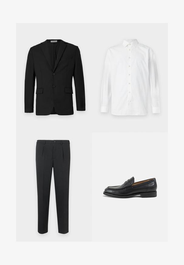 Blazer negro hecho de una tela suave, con un cierre delantero de dos botones, solapas con muesca y dos bolsillos frontales junto con un bolsillo en el pecho.; Camisa de vestir blanca de manga larga con botones, cuello abierto y puños abotonados, mostrada sobre un fondo blanco liso.; Pantalones negros a medida con diseño de pierna recta, dos pinzas delanteras y cinturilla con botón. Fabricados en una tela lisa sin patrones visibles.; Mocasín de hombre de cuero negro con detalles cosidos, tacón bajo apilado y una correa estrecha en la parte superior, mostrado de lado sobre un fondo blanco.