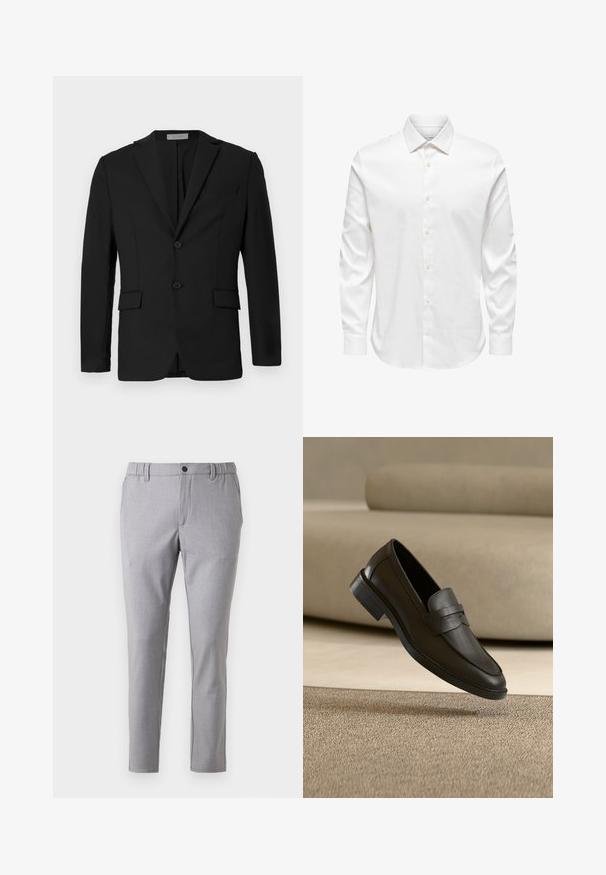 Blazer noir en tissu lisse, avec une fermeture à deux boutons, des revers crantés et deux poches avant avec une poche poitrine.; Chemise blanche pour homme à manches longues avec col pointu et rangée avant de boutons blancs sur fond uni.; Chinos grises en tissu au toucher lisse, dotés d'une taille élastique, de poches latérales et d'un design ajusté.; Chaussure loafer en cuir noir reposant sur un tapis beige avec un canapé beige courbé en arrière-plan.