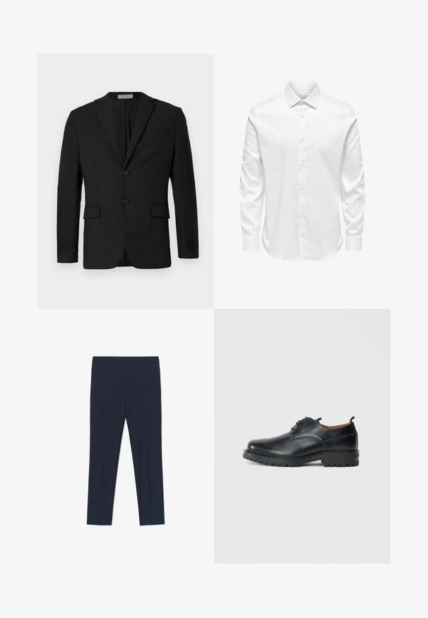 Zwarte blazer van gladde stof, met een twee-knopen front, aangeknipte revers en twee voorzakken met een borstzak.; Wit herenshirt met lange mouwen, een puntige kraag en een rij witte knopen aan de voorkant op een effen achtergrond.; Marineblauwe formele broek met een getailleerd ontwerp, een gladde textuur en twee voorzakken, met strakke lijnen en een rechte pasvorm.; Zwarte leren derby schoenen met een gladde textuur, ronde neus, vetersluiting en een dikke, robuuste rubberen zool.