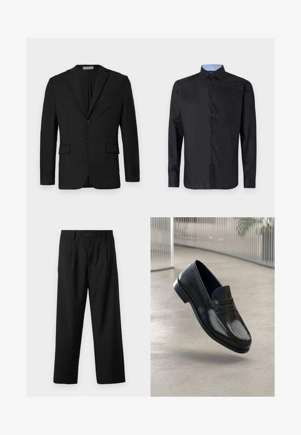 Schwarzes Blazer aus glattem Stoff, mit einem Zwei-Knopf-Verschluss, aufgesetzten Revers und zwei Fronttaschen sowie einer Brusttasche.; Schwarzes Langarmhemd aus glattem Stoff, mit durchgehender Knopfleiste, spitzem Kragen und einem hellblauen karierten Innenkragen.; Schwarze Hose im geraden Schnitt mit einem Einzelknopfverschluss, zwei Vorderaschen und einer glatten, leichten Stofftextur.; Schwarze Leder-Loafer mit glatter Oberfläche, abgerundeter Spitze, dekorativen Nähten und leicht erhöhtem Absatz.