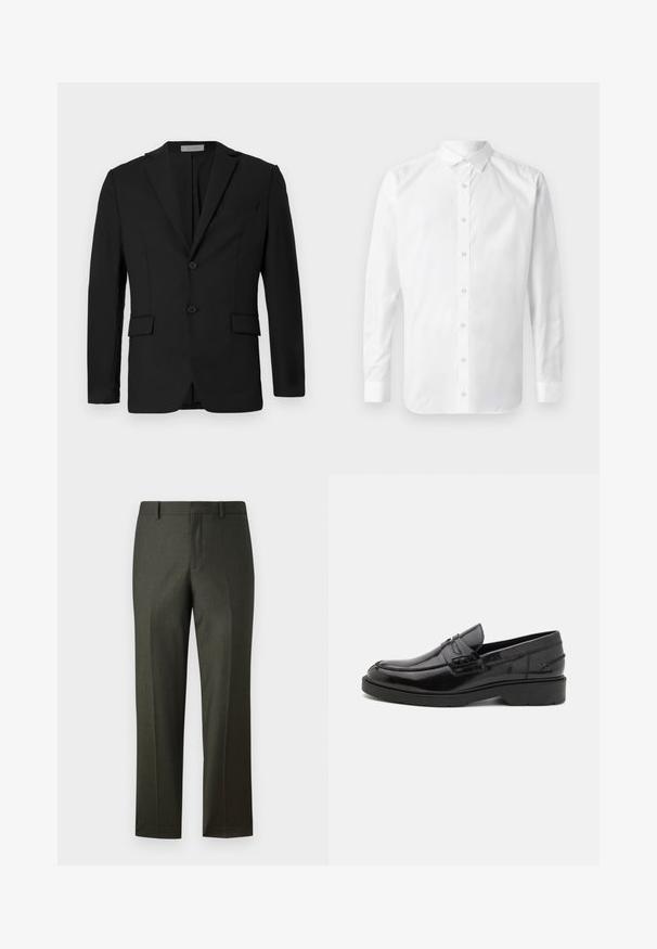 Sort blazer lavet af glat stof, med to-knaps lukning, klippede revers og to frontlommer samt en brystlomme.; Hvid langærmet skjorte med knapper, klassisk krave, frontplacket med knapper og en glat bomuldsstruktur.; Mørkegrønne skræddersyede bukser med en glat tekstur, lige pasform, bæltestropper og frynser foran. Ingen synlige lommer eller dekorationer.; Sorte læder loafers med en glat finish, rund tå, lav hæl og dekorativ syning langs forsiden. Gummisål for godt greb.