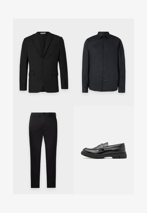 Schwarzes Blazer aus glattem Stoff, mit einem Zwei-Knopf-Verschluss, aufgesetzten Revers und zwei Fronttaschen sowie einer Brusttasche.; Schwarzes Langarmshirt mit tailliertem Schnitt, durchgehender Knopfleiste, klassischem Kragen und glatter Textur; verfügt über sieben dunkle Knöpfe.; Schwarze Slim-Fit-Hose mit Knopf- und Reißverschluss, Gürtelschlaufen und ohne sichtbare Taschen, gezeigt vor weißem Hintergrund.; Schwarze Lederloafer mit einem breiten Riemen über dem Rist, Gummisohle mit dicken Profilen und glatter Textur. Klassisches, schlankes Design.