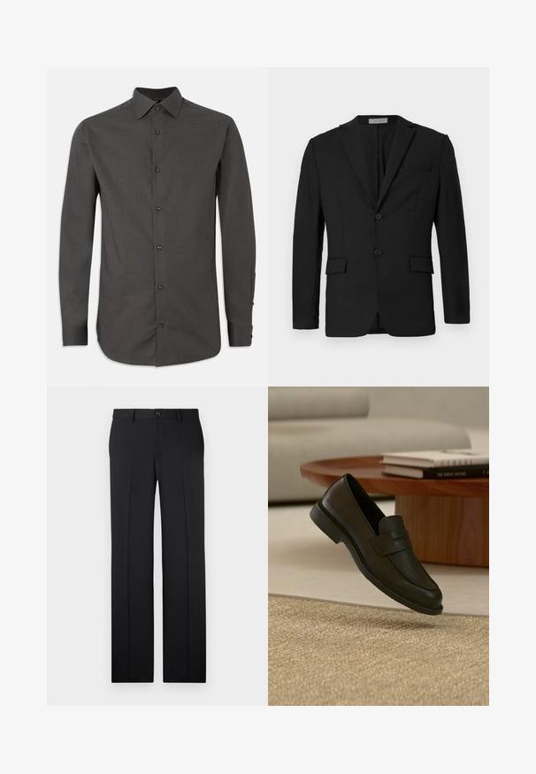 Blazer negro hecho de una tela suave, con un cierre delantero de dos botones, solapas con muesca y dos bolsillos frontales junto con un bolsillo en el pecho.; Camisa de botón de manga larga en gris oscuro con un cuello estructurado, botones frontales y tabulaciones ajustables en los puños. Textura de tela suave y corte ajustado.; Pantalones negros a medida con corte recto, tejido suave, pliegues frontales y un cierre de botón en la cintura.; Zapato mocasín de cuero negro mostrado en el aire sobre una alfombra beige tejida, con una mesa de madera y libros apilados en una sala de estar con luz suave.