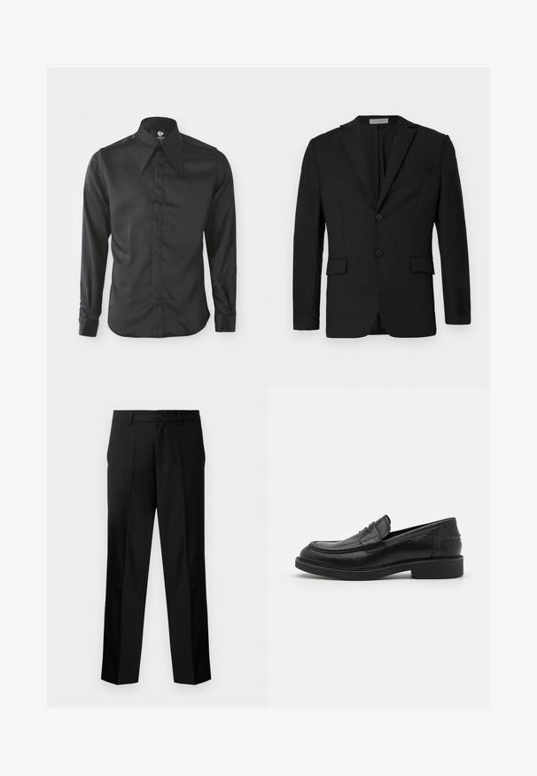 Blazer noir en tissu lisse, avec une fermeture à deux boutons, des revers crantés et deux poches avant avec une poche poitrine.; Chemise noire à manches longues en tissu lisse. Dotée d'un col pointu, d'une fermeture à boutons sur le devant et de manches ajustées avec des poignets à boutons.; Pantalon noir ajusté à coupe droite, comprenant une fermeture à bouton, une braguette zippée et des passants de ceinture. Tissu lisse avec poches latérales.; Mocassins en cuir noir avec un bout arrondi, des coutures ton sur ton et un détail de sangle à l'avant. Semelle en caoutchouc avec un petit talon.