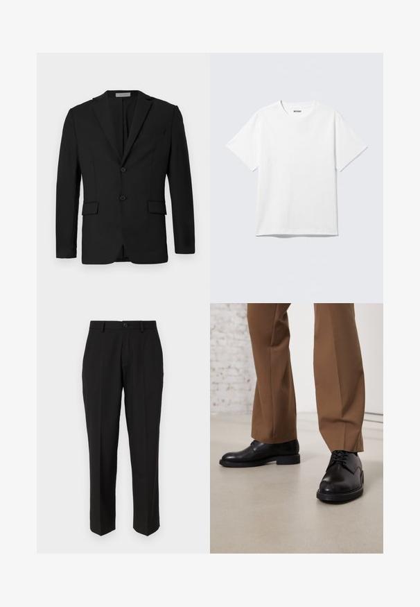 Sort blazer lavet af glat stof, med to-knaps lukning, klippede revers og to frontlommer samt en brystlomme.; Hvid kortærmet crewneck T-shirt lagt fladt ud, ensfarvet design, med "WEEKDAY" mærkat inde i kraven på en lys baggrund.; Sorte bukser lavet af glat stof, med lige ben design, forlommer, en enkelt knaplukning, og uden synlige mønstre.; Sorte læder sko med glat overflade og rund tå, der har snørebåndslukning og en lav, flad sål. Sammen med brune bukser.